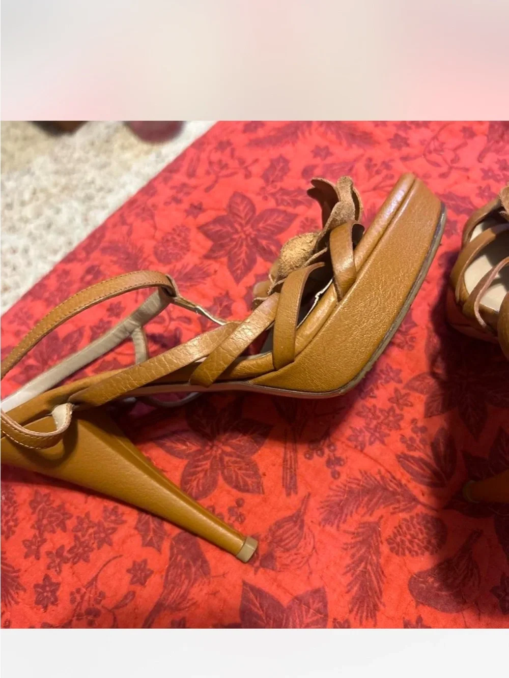 Valentino Brown Leather Floral Strappy Heels